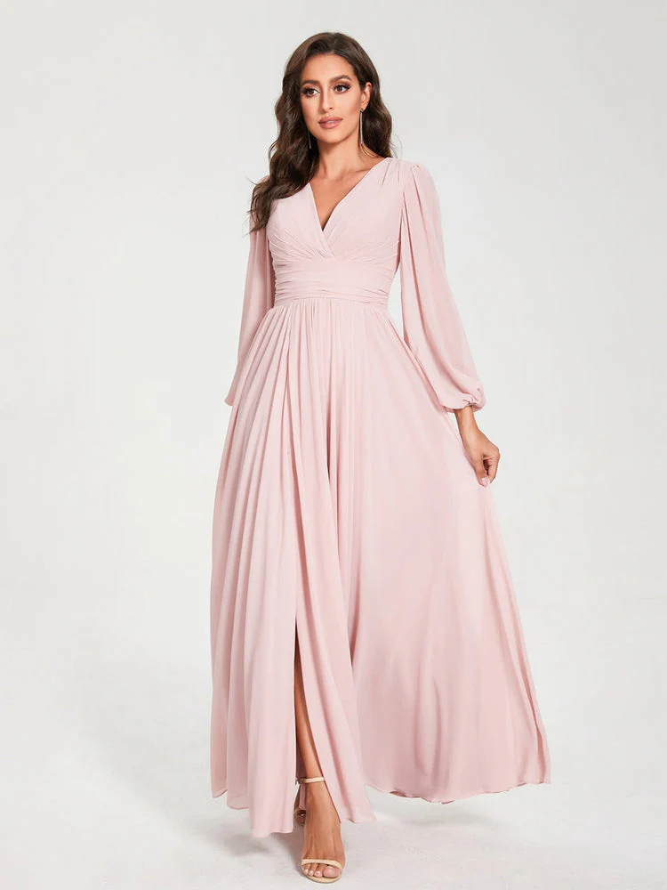 A-Line/Princess V-Neck Long Sleeves Floor-Length Bridesmaid Dresses with Pockets & Split Side - Image 5