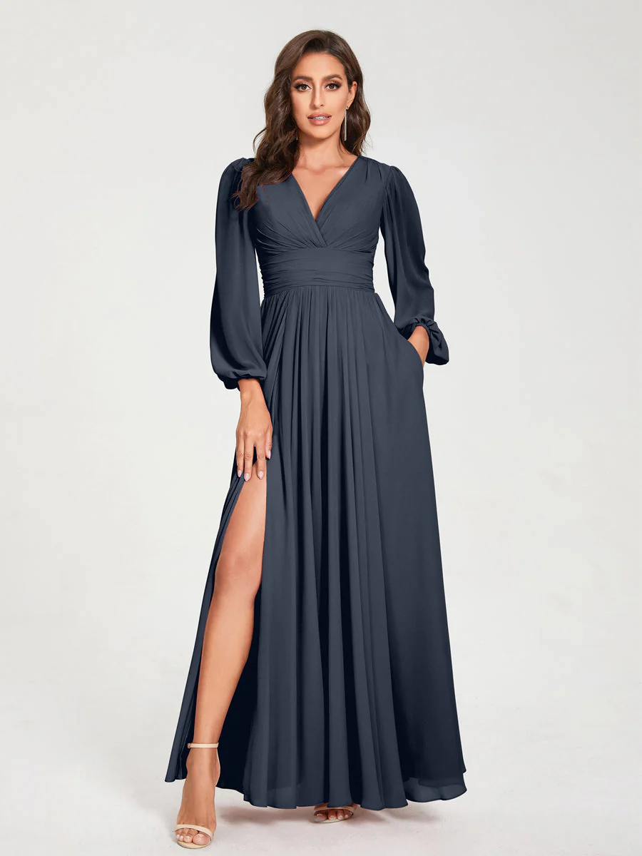 A-Line/Princess V-Neck Long Sleeves Floor-Length Bridesmaid Dresses with Pockets & Split Side - Image 59