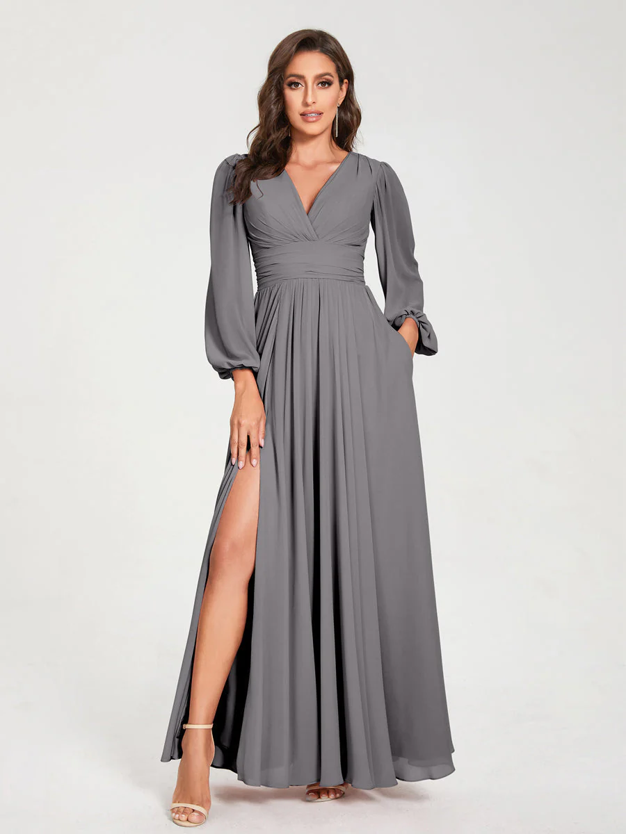 A-Line/Princess V-Neck Long Sleeves Floor-Length Bridesmaid Dresses with Pockets & Split Side - Image 74