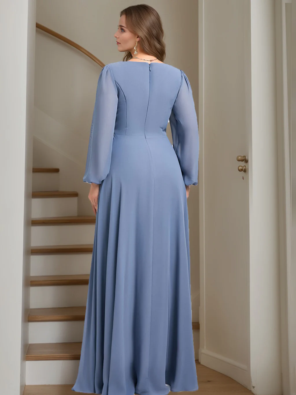 A-Line/Princess V-Neck Long Sleeves Floor-Length Chiffon Plus Size Bridesmaid Dresses with Ruffles - Image 2