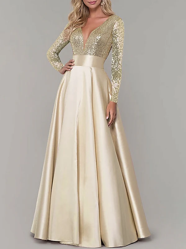 A-Line/Princess V Neck Long Sleeves Floor-Length Evening Dresses - Image 3