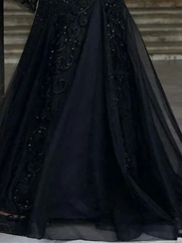A-Line/Princess V-Neck Long Sleeves Floor-Length Evening Dresses with Appliques - Image 2