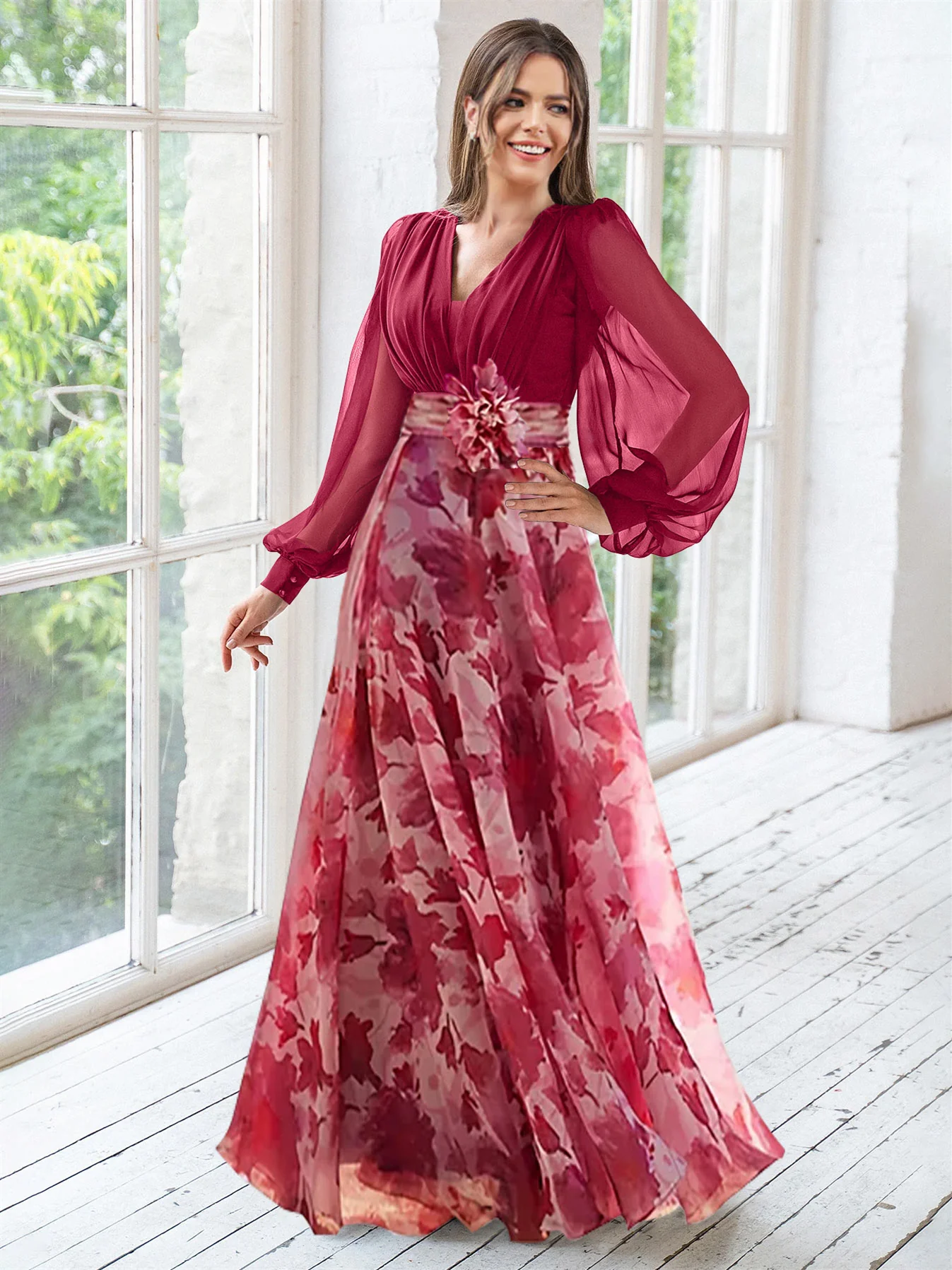 A Line/Princess V-Neck Long Sleeves Floor Length Floral Plus Size Mother of the Bride Dresses With Flower - Image 4