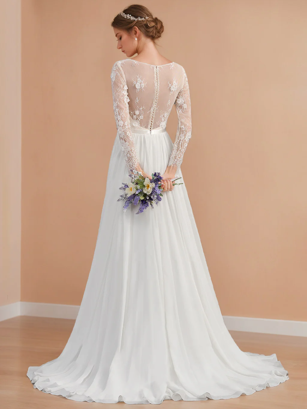 A-Line/Princess V-Neck Long Sleeves Floor Length Lace Wedding Dress with Appliques - Image 2