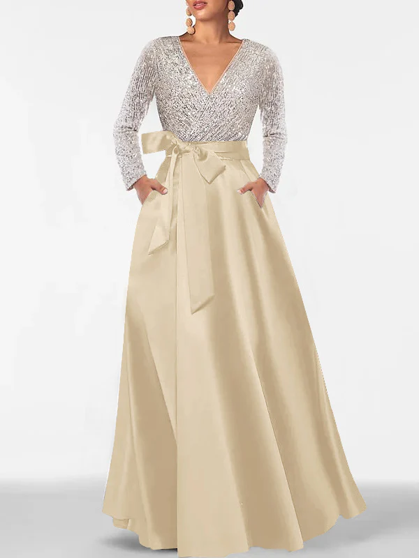A-Line/Princess V-Neck Long Sleeves Floor-Length Mother of the Bride Dresses With Pocket & Sequins - Image 11