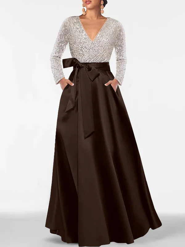 A-Line/Princess V-Neck Long Sleeves Floor-Length Mother of the Bride Dresses With Pocket & Sequins - Image 12