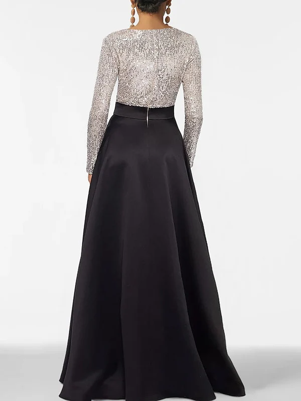 A-Line/Princess V-Neck Long Sleeves Floor-Length Mother of the Bride Dresses With Pocket & Sequins - Image 2