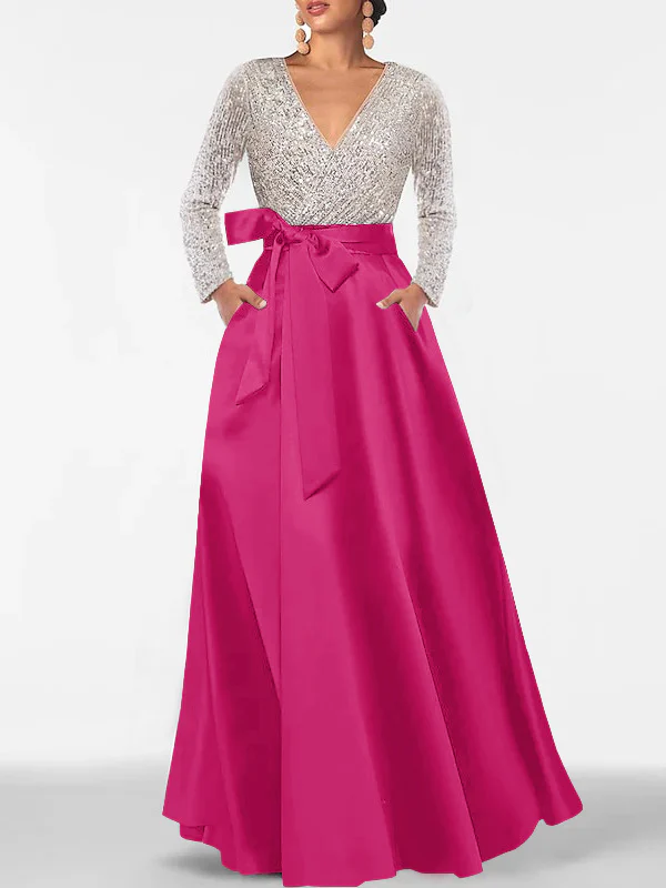 A-Line/Princess V-Neck Long Sleeves Floor-Length Mother of the Bride Dresses With Pocket & Sequins - Image 37