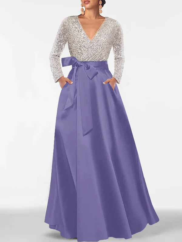 A-Line/Princess V-Neck Long Sleeves Floor-Length Mother of the Bride Dresses With Pocket & Sequins - Image 40