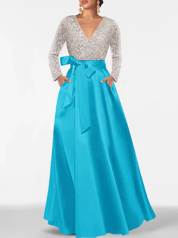 A-Line/Princess V-Neck Long Sleeves Floor-Length Mother of the Bride Dresses With Pocket & Sequins - Image 49