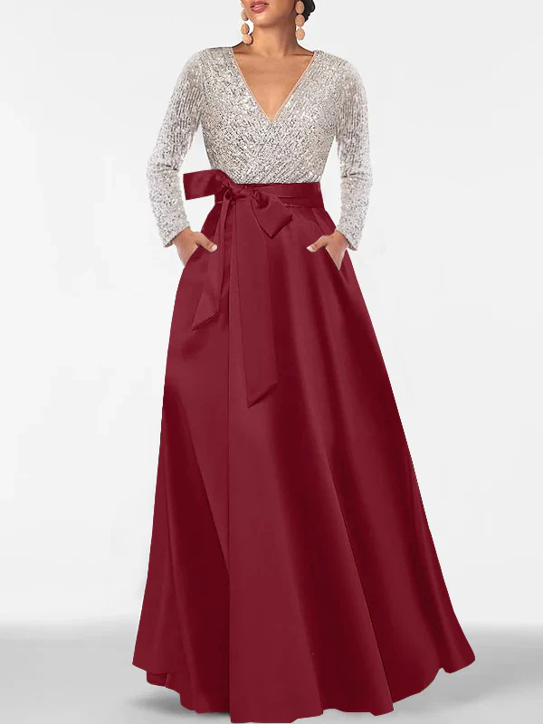 A-Line/Princess V-Neck Long Sleeves Floor-Length Mother of the Bride Dresses With Pocket & Sequins - Image 9