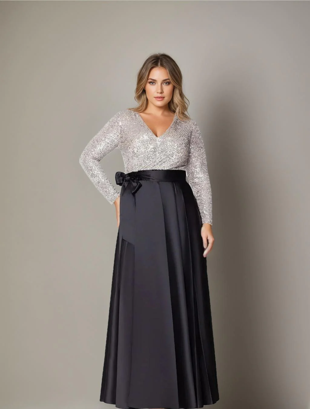 A-Line/Princess V-Neck Long Sleeves Floor-Length Plus Size Mother of the Bride Dresses With Pocket Sequins - Image 3
