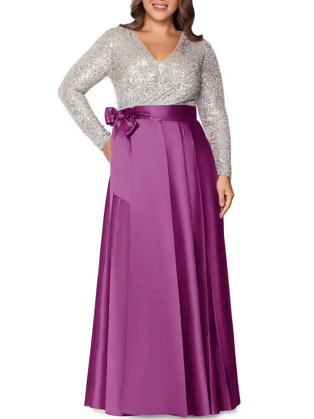 A-Line/Princess V-Neck Long Sleeves Floor-Length Plus Size Mother of the Bride Dresses With Pocket Sequins - Image 35