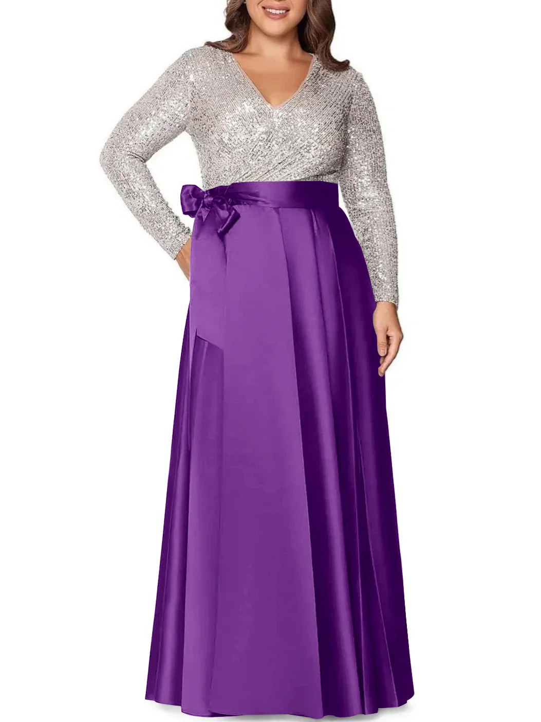 A-Line/Princess V-Neck Long Sleeves Floor-Length Plus Size Mother of the Bride Dresses With Pocket Sequins - Image 39