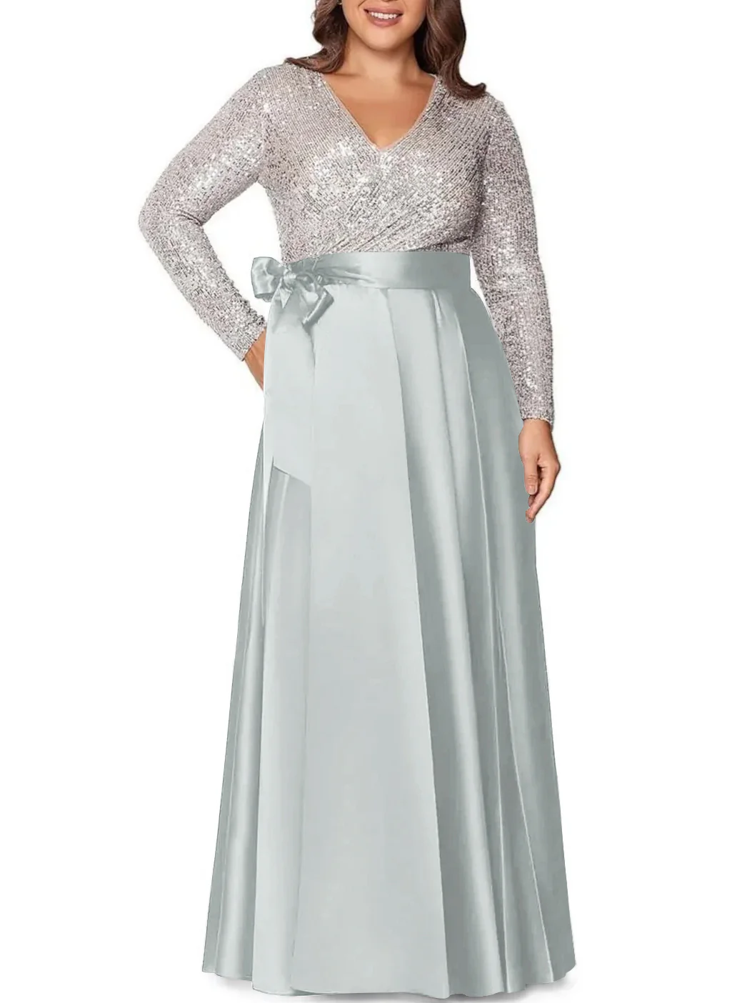 A-Line/Princess V-Neck Long Sleeves Floor-Length Plus Size Mother of the Bride Dresses With Pocket Sequins - Image 45