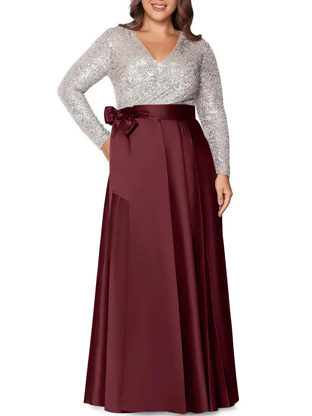 A-Line/Princess V-Neck Long Sleeves Floor-Length Plus Size Mother of the Bride Dresses With Pocket Sequins - Image 7