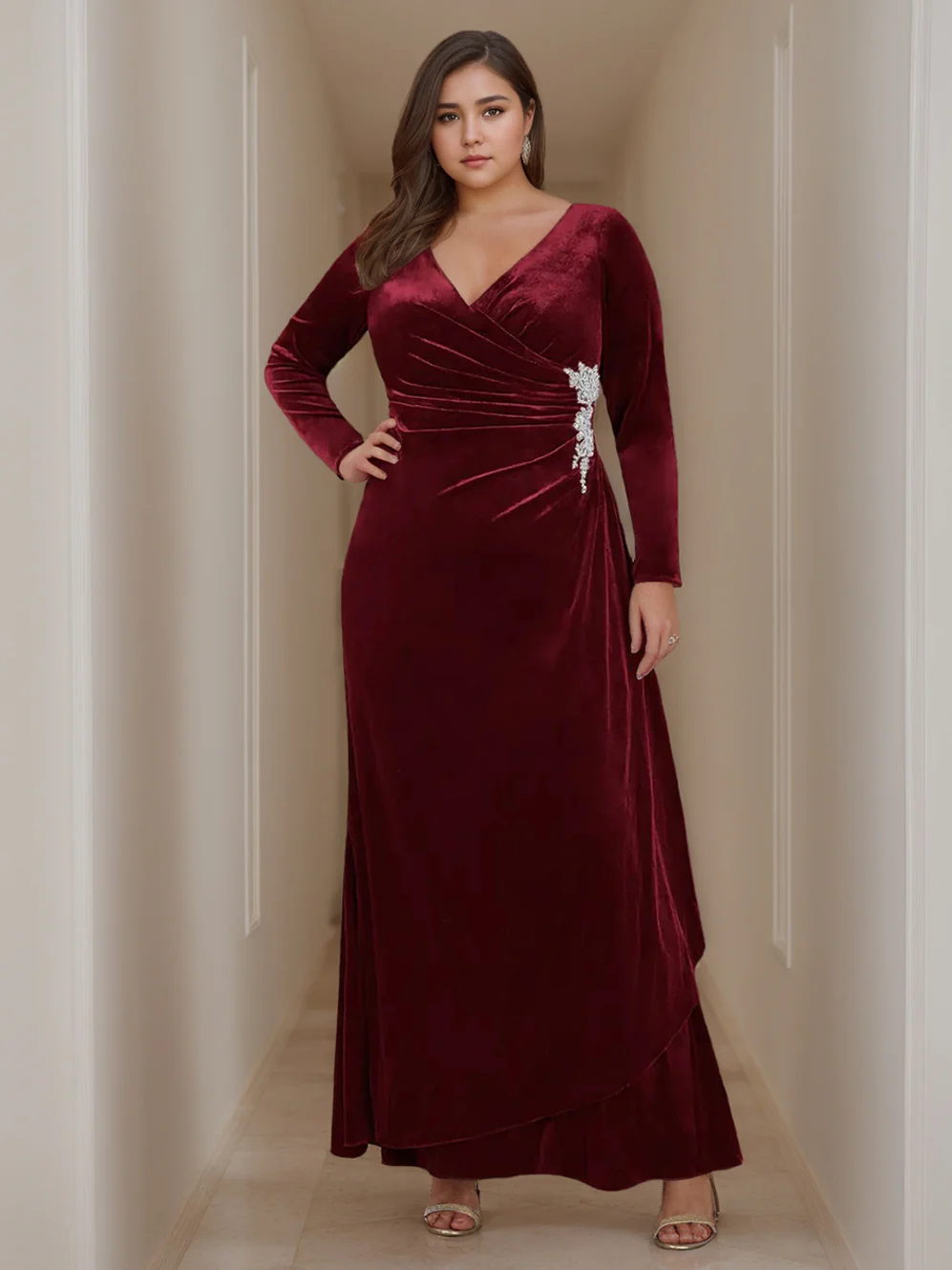 A-Line/Princess V-Neck Long Sleeves Floor-Length Velvet Mother of the Bride Dresses with Ruffles - Image 3