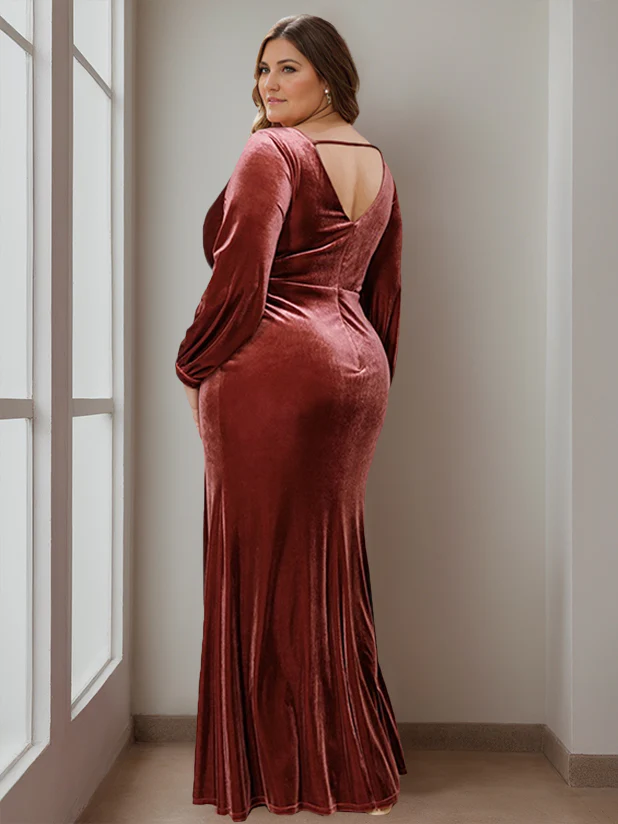 A-Line/Princess V-Neck Long Sleeves Floor-Length Plus Size Velvet Mother of the Bride Dresses with Ruffles - Image 2