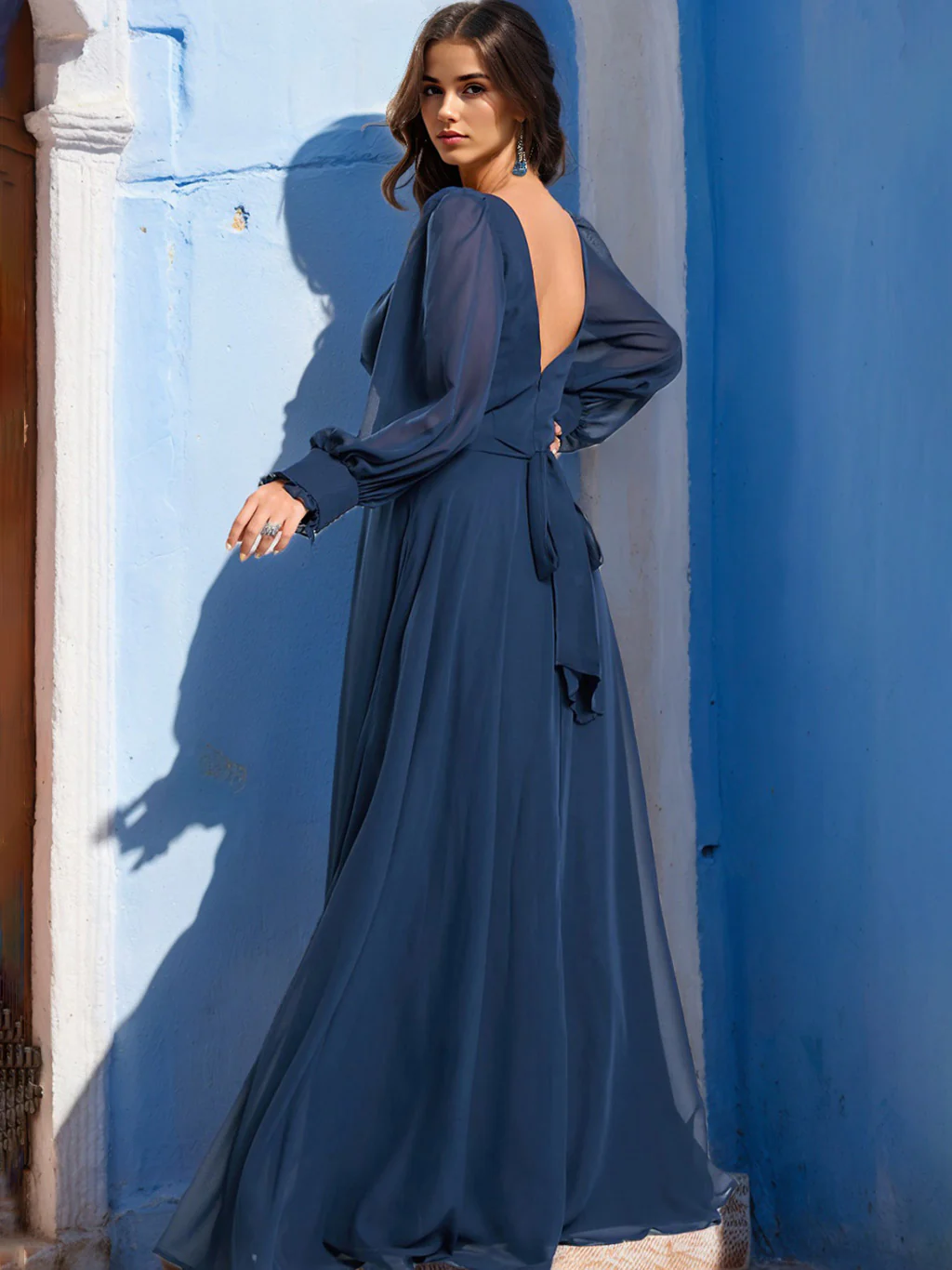 A-Line/Princess V-Neck Long Sleeves Floor-Length Unique Plus Size Bridesmaid Dresses with Split Side - Image 2