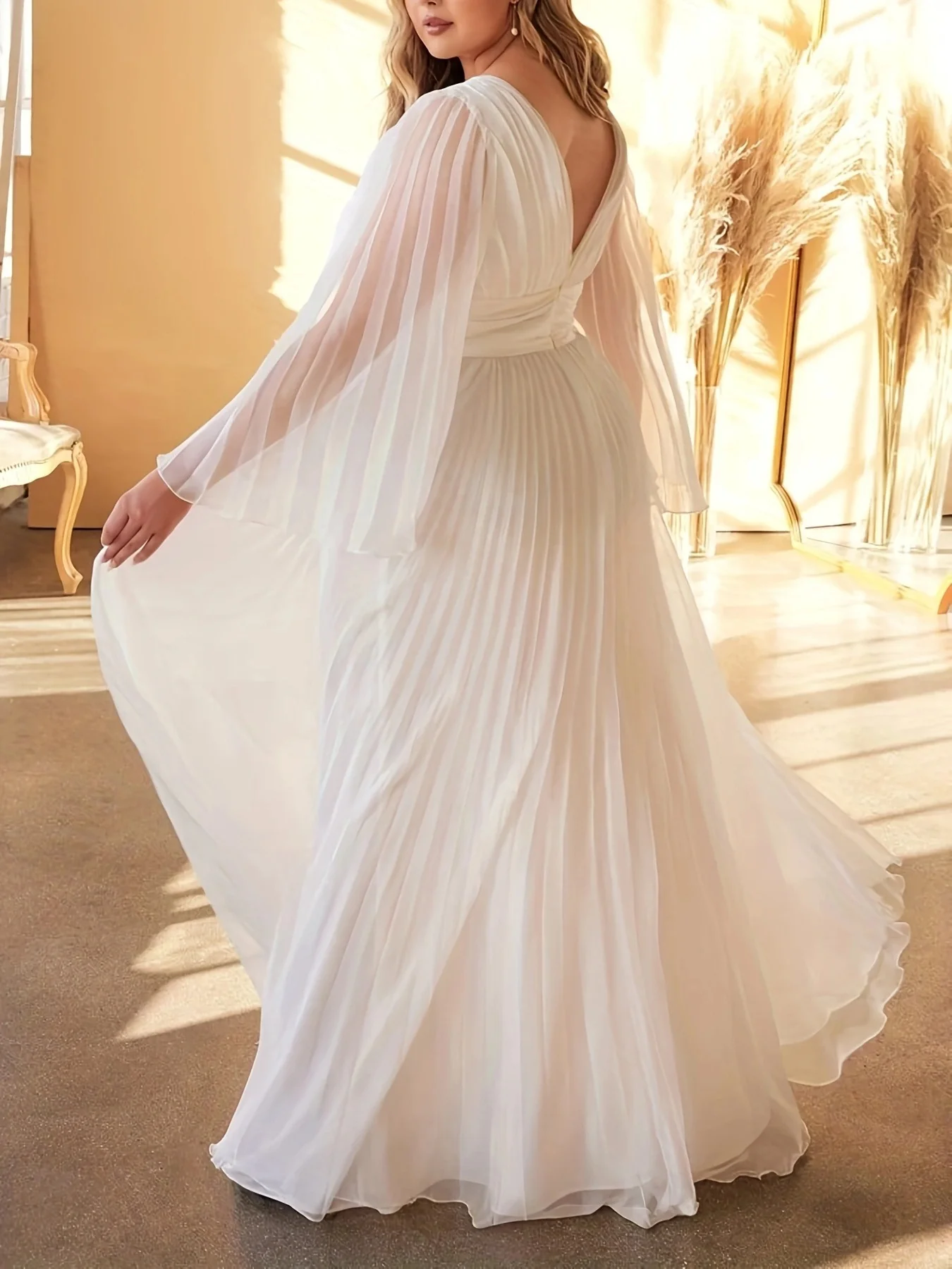 A-Line/Princess V-Neck Long Sleeves Floor-Length Wedding Guest Dresses with Pleats - Image 9