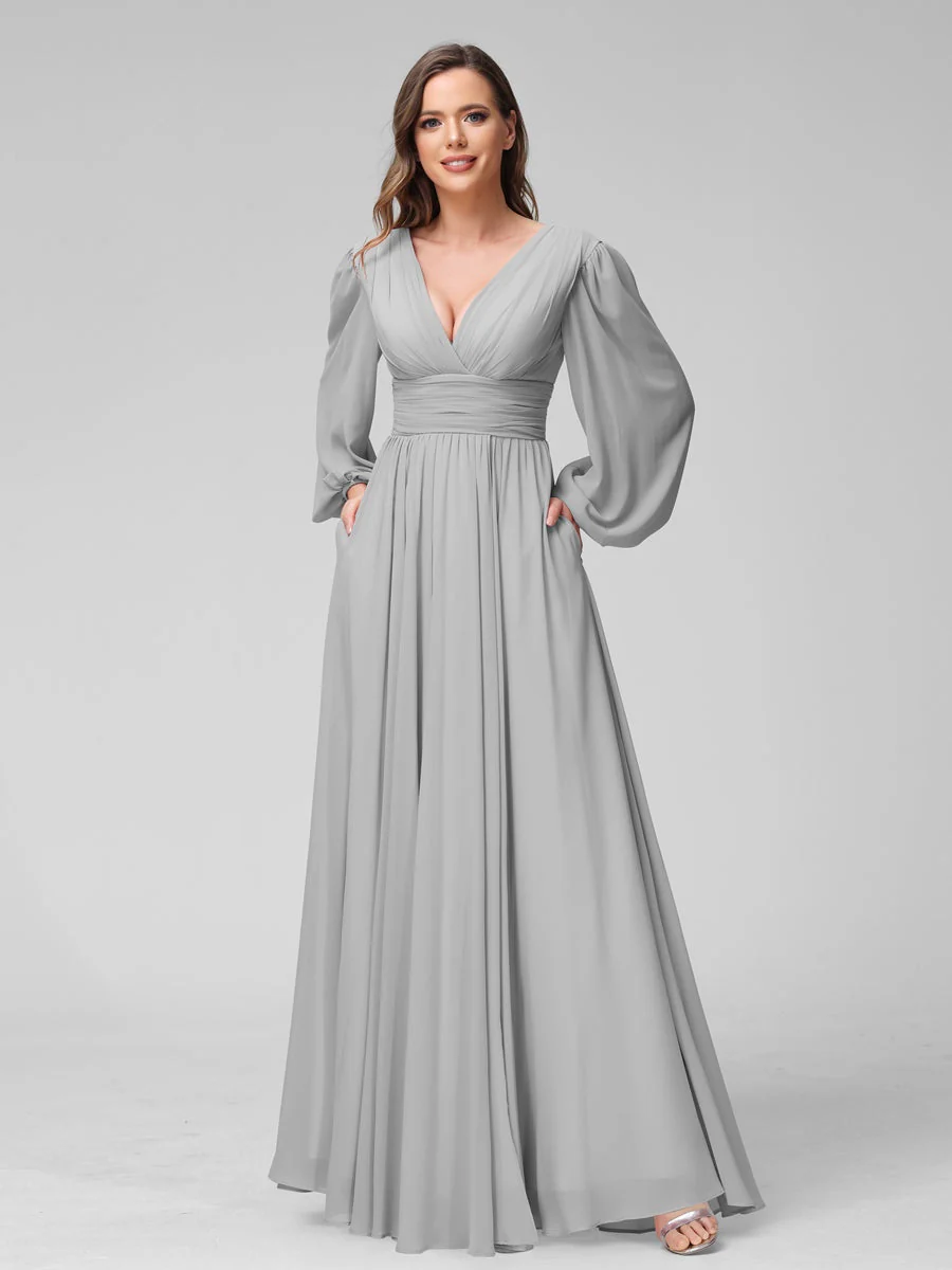 A-Line/Princess V-Neck Long Sleeves Floor-Length Bridemaid Dresses With Split Side & Pockets - Image 22