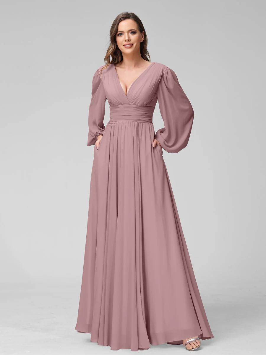 A-Line/Princess V-Neck Long Sleeves Floor-Length Bridemaid Dresses With Split Side & Pockets - Image 31