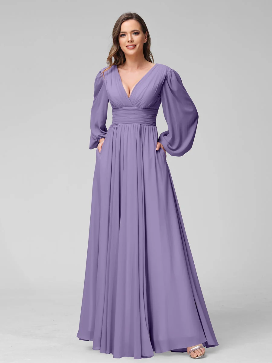 A-Line/Princess V-Neck Long Sleeves Floor-Length Bridemaid Dresses With Split Side & Pockets - Image 41