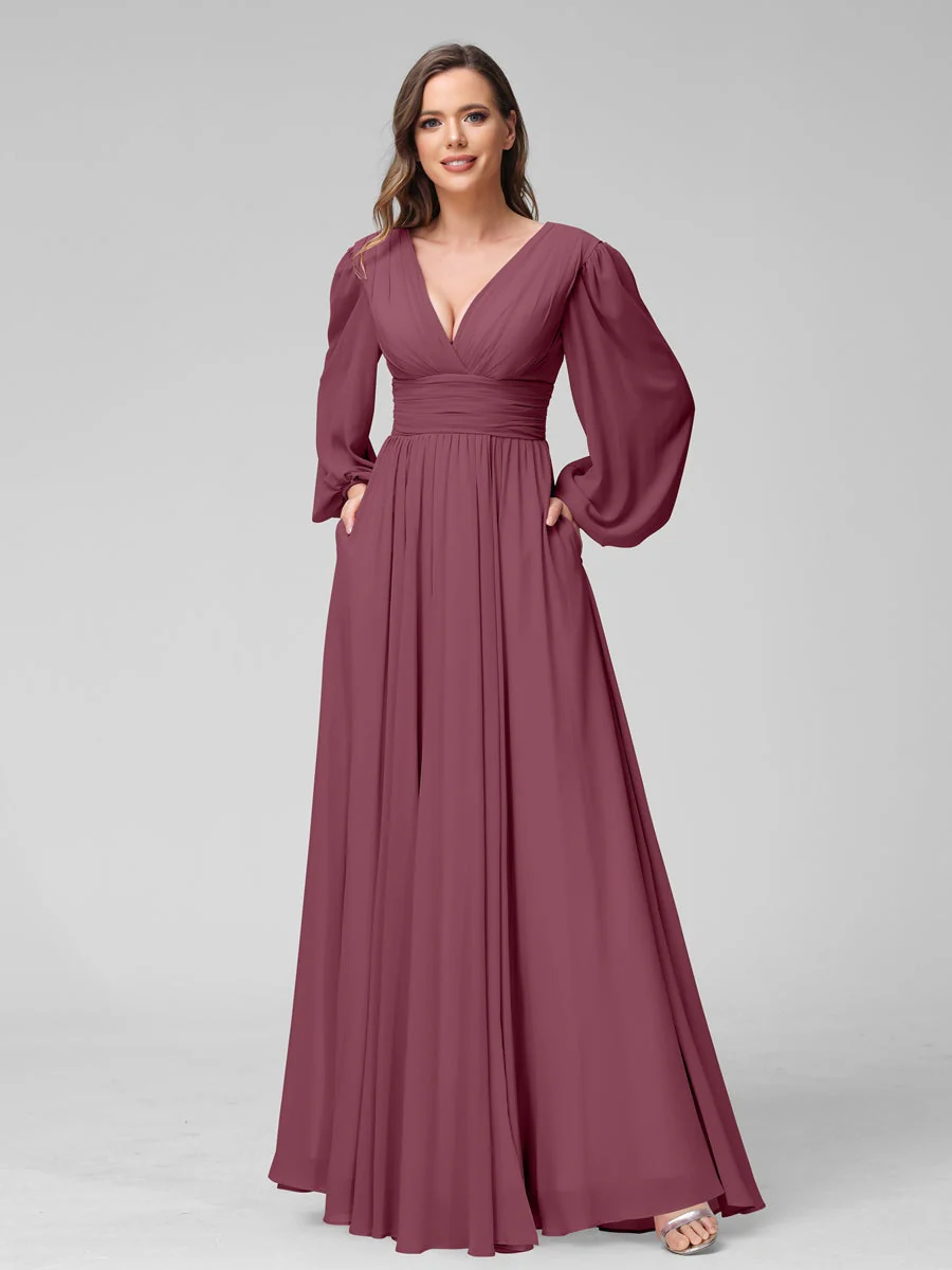 A-Line/Princess V-Neck Long Sleeves Floor-Length Bridemaid Dresses With Split Side & Pockets - Image 43