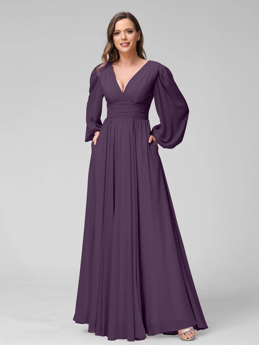 A-Line/Princess V-Neck Long Sleeves Floor-Length Bridemaid Dresses With Split Side & Pockets - Image 46