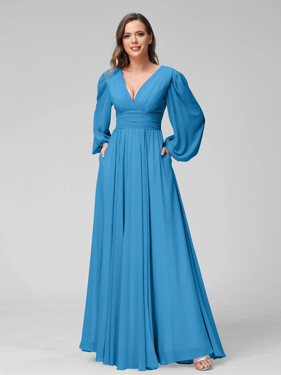 A-Line/Princess V-Neck Long Sleeves Floor-Length Bridemaid Dresses With Split Side & Pockets - Image 53