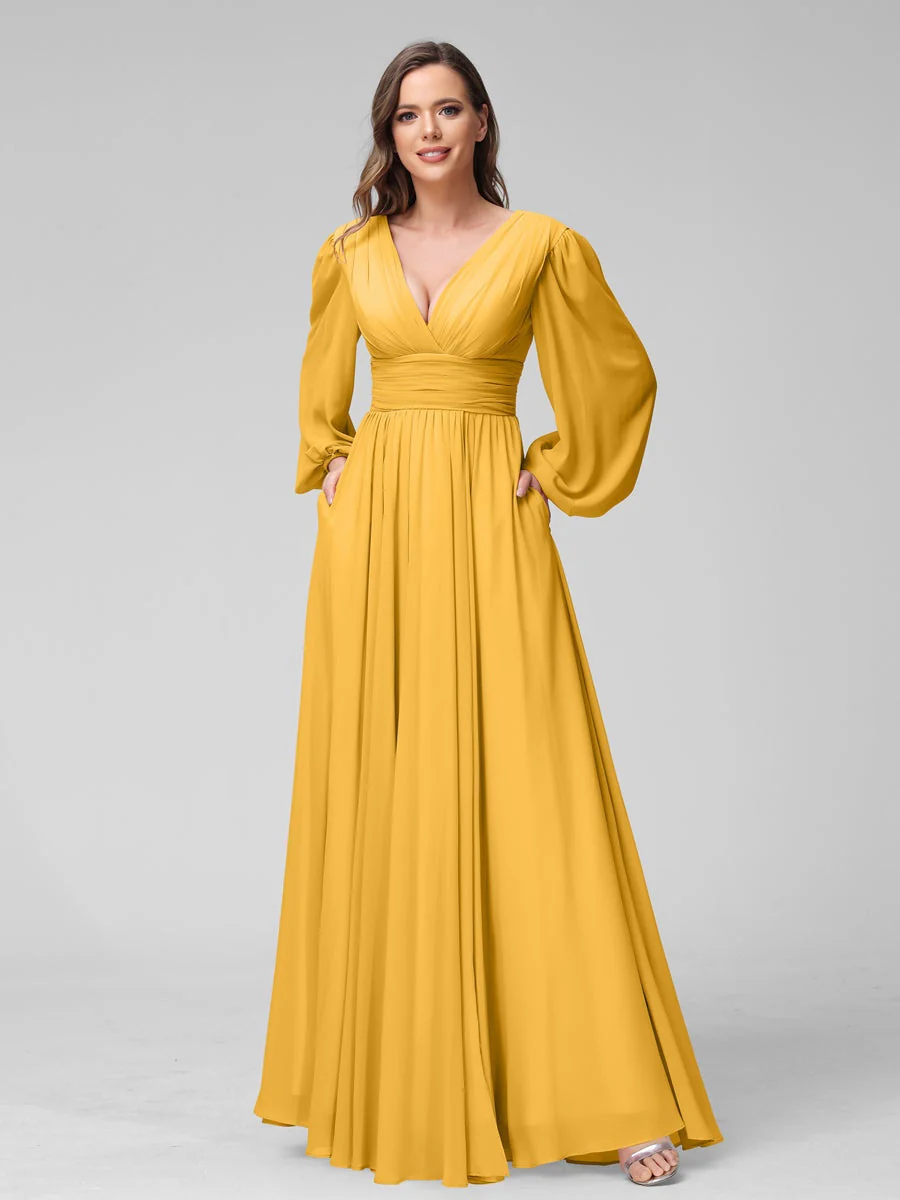 A-Line/Princess V-Neck Long Sleeves Floor-Length Bridemaid Dresses With Split Side & Pockets - Image 70