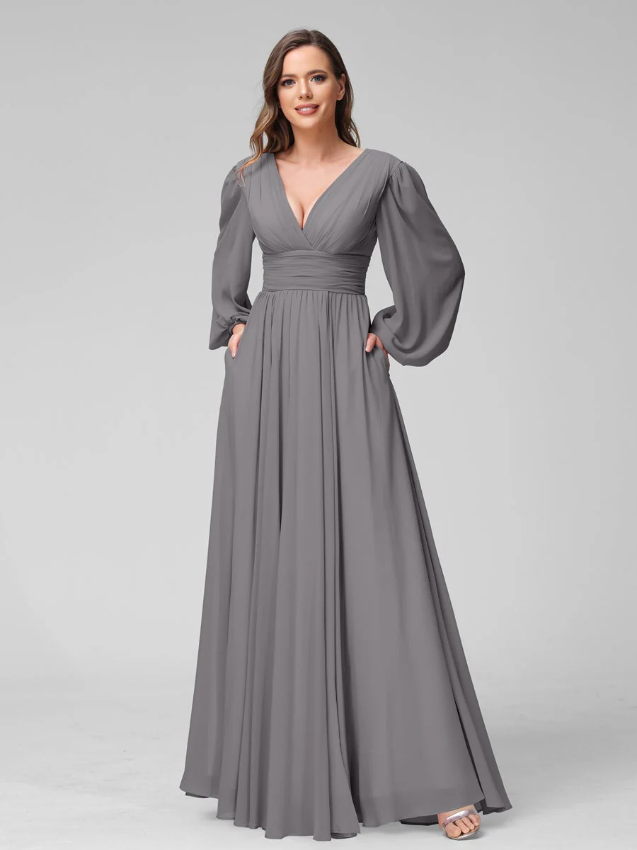 A-Line/Princess V-Neck Long Sleeves Floor-Length Bridemaid Dresses With Split Side & Pockets - Image 74