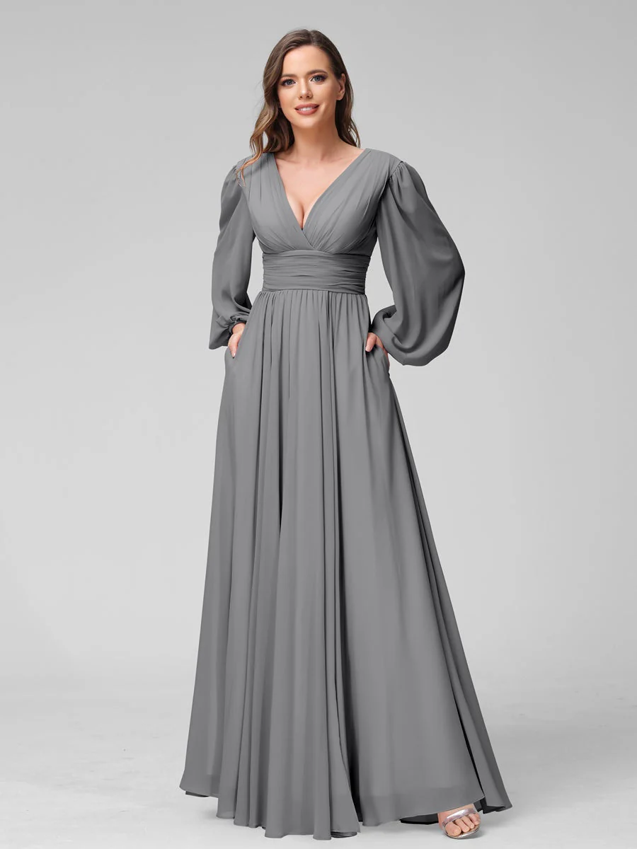 A-Line/Princess V-Neck Long Sleeves Floor-Length Bridemaid Dresses With Split Side & Pockets - Image 75