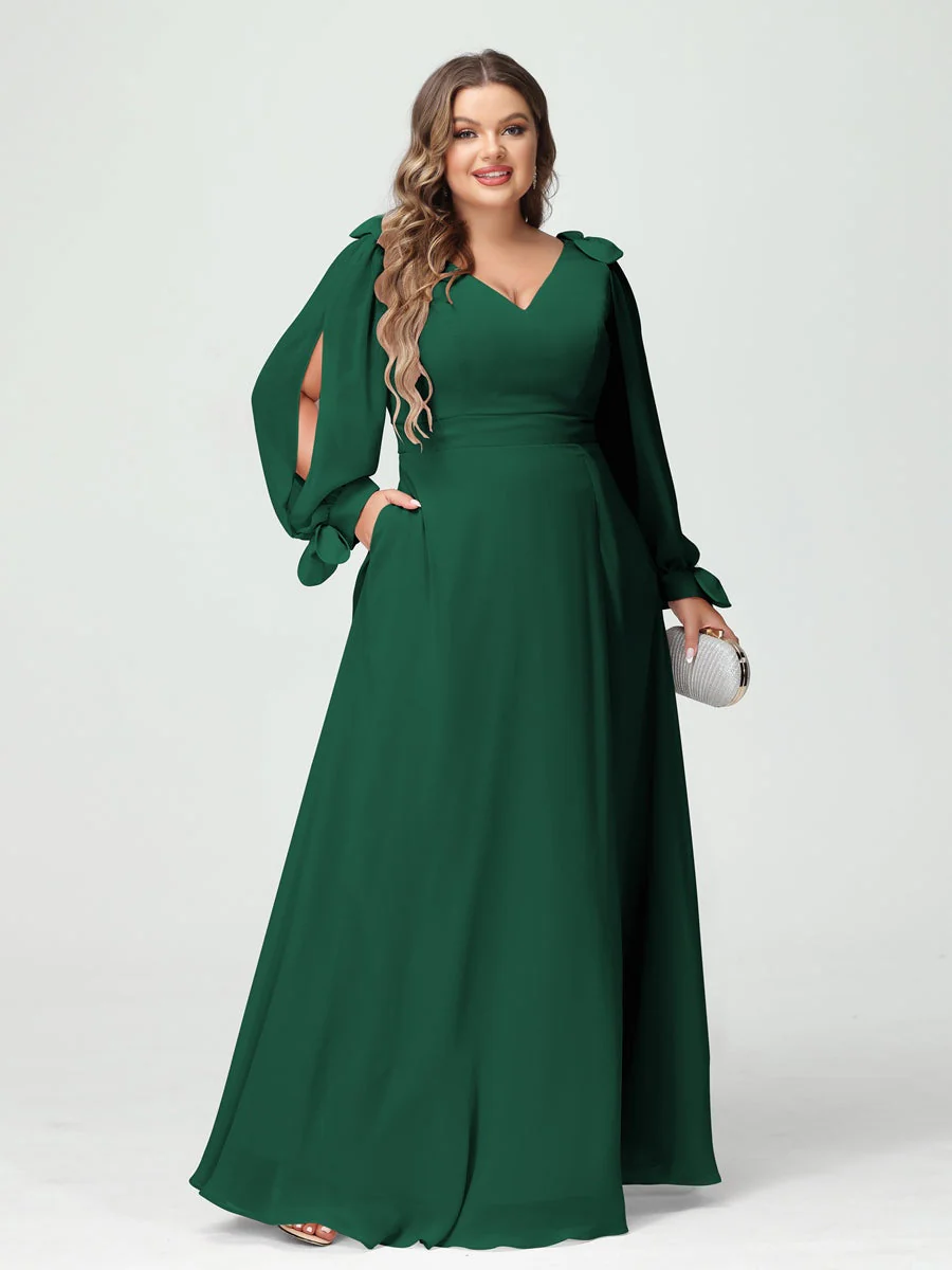 A-Line/Princess V-Neck Long Sleeves Plus Size Bridesmaid Dresses with Pockets & Split Side - Image 11