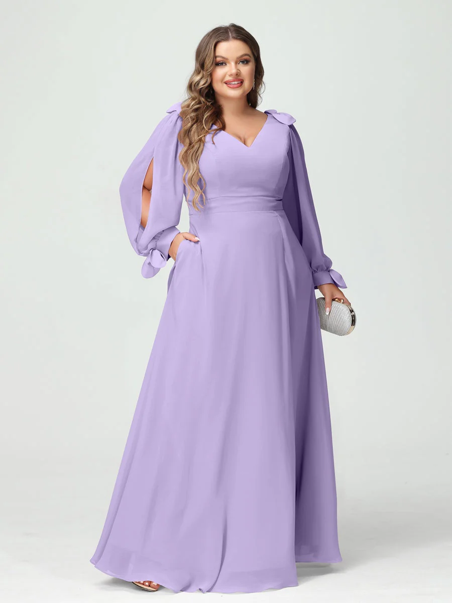 A-Line/Princess V-Neck Long Sleeves Plus Size Bridesmaid Dresses with Pockets & Split Side - Image 14