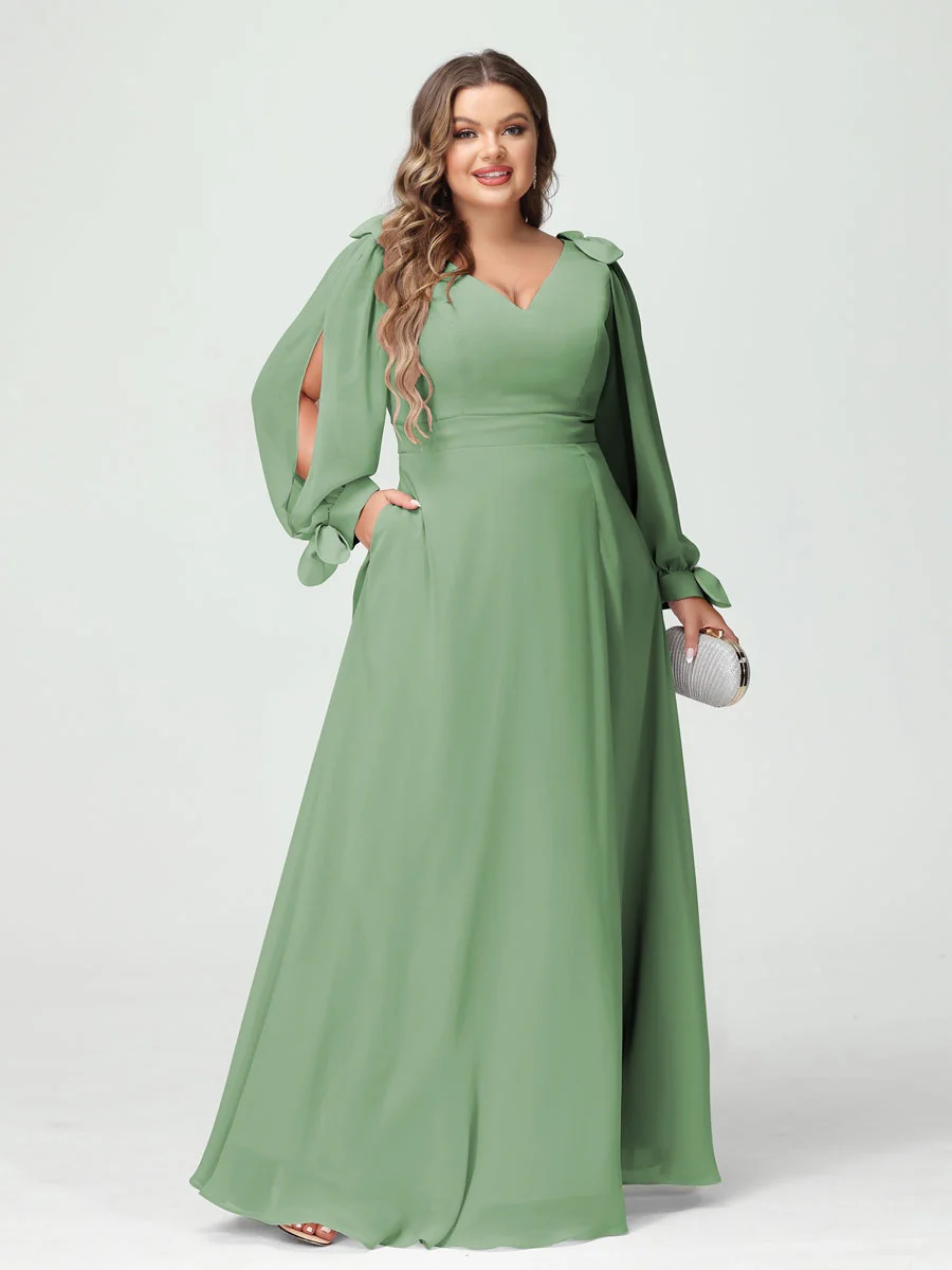 A-Line/Princess V-Neck Long Sleeves Plus Size Bridesmaid Dresses with Pockets & Split Side - Image 16