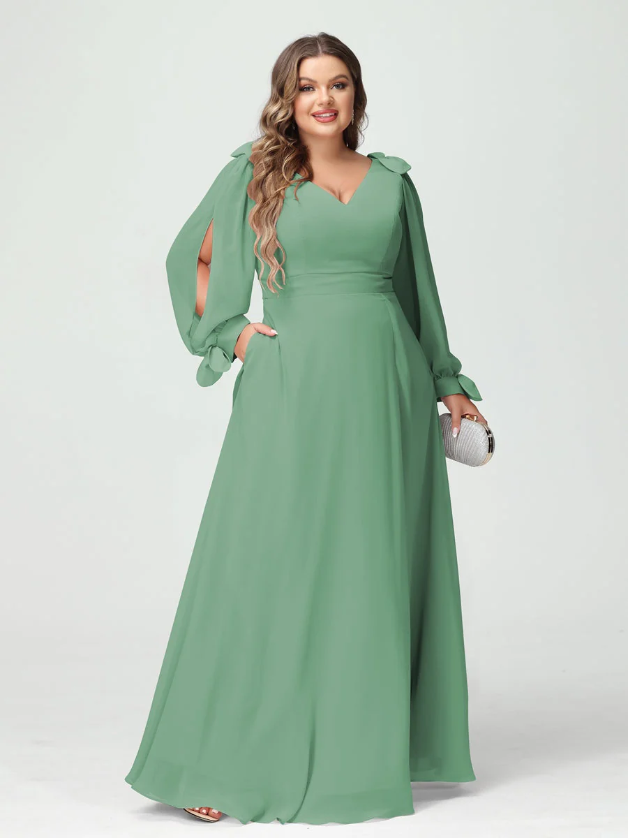 A-Line/Princess V-Neck Long Sleeves Plus Size Bridesmaid Dresses with Pockets & Split Side - Image 17