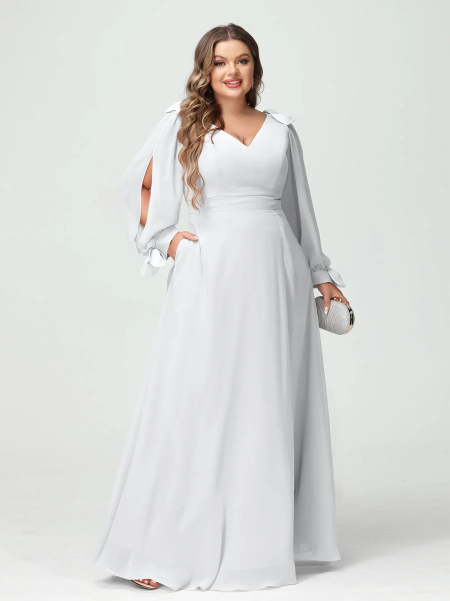 A-Line/Princess V-Neck Long Sleeves Plus Size Bridesmaid Dresses with Pockets & Split Side - Image 19