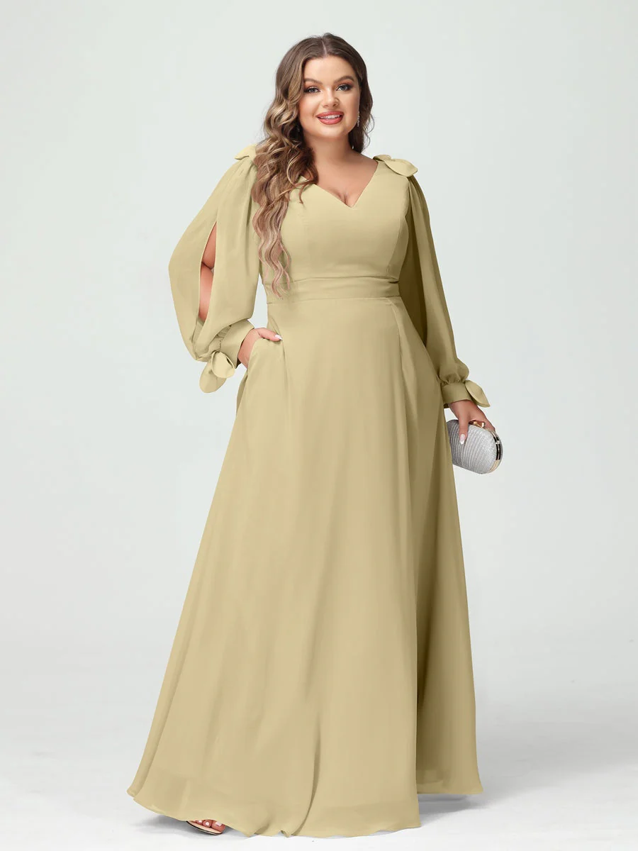 A-Line/Princess V-Neck Long Sleeves Plus Size Bridesmaid Dresses with Pockets & Split Side - Image 24