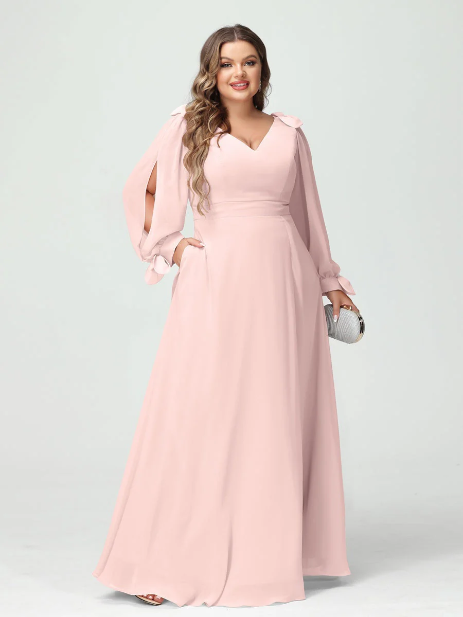 A-Line/Princess V-Neck Long Sleeves Plus Size Bridesmaid Dresses with Pockets & Split Side - Image 27