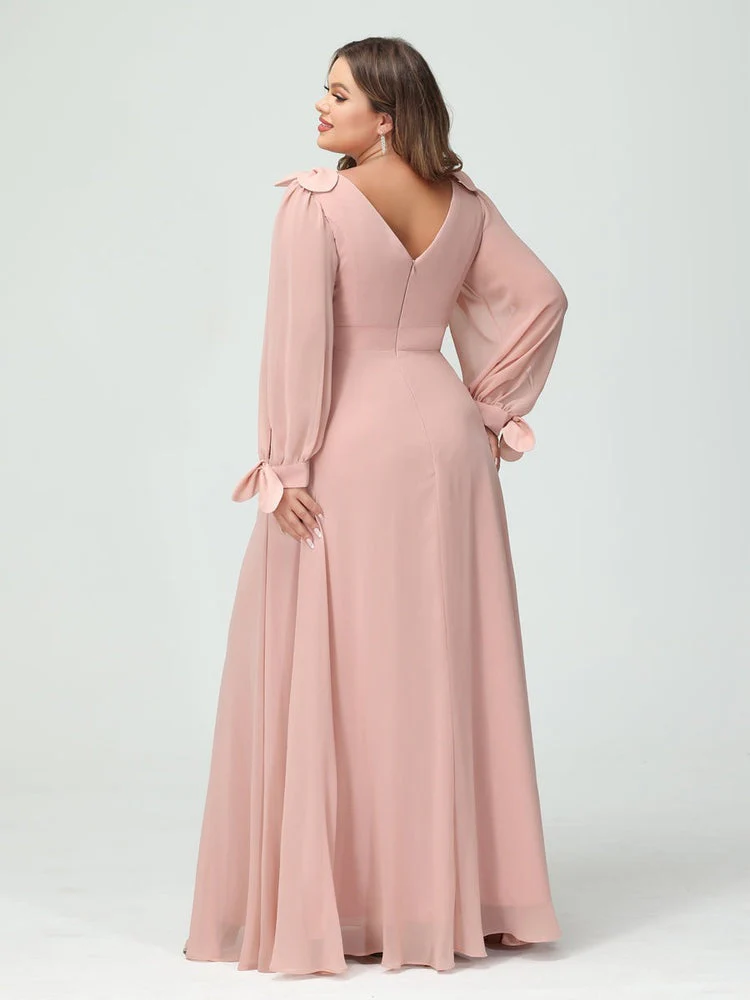 A-Line/Princess V-Neck Long Sleeves Plus Size Bridesmaid Dresses with Pockets & Split Side - Image 3
