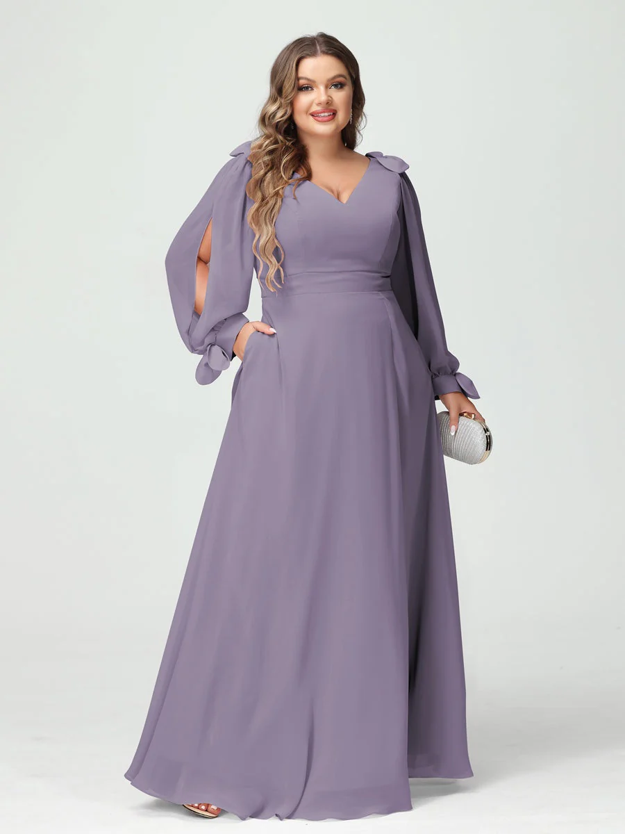 A-Line/Princess V-Neck Long Sleeves Plus Size Bridesmaid Dresses with Pockets & Split Side - Image 39