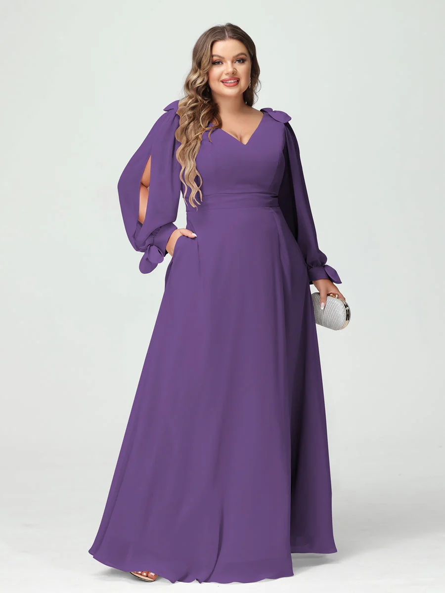 A-Line/Princess V-Neck Long Sleeves Plus Size Bridesmaid Dresses with Pockets & Split Side - Image 42