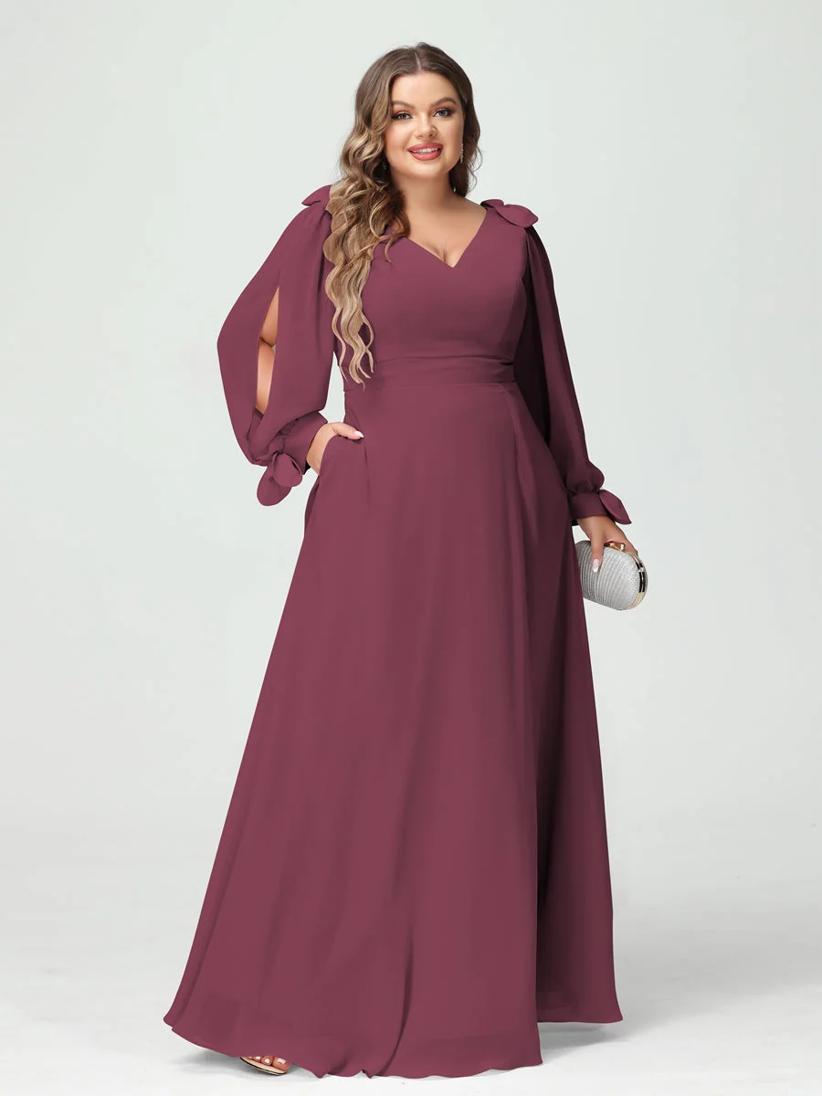 A-Line/Princess V-Neck Long Sleeves Plus Size Bridesmaid Dresses with Pockets & Split Side - Image 43