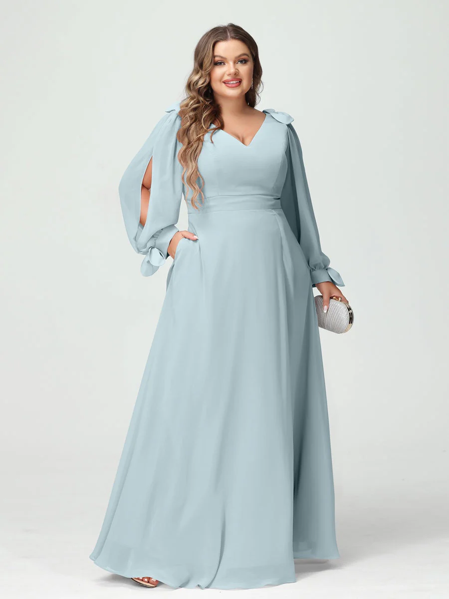 A-Line/Princess V-Neck Long Sleeves Plus Size Bridesmaid Dresses with Pockets & Split Side - Image 47