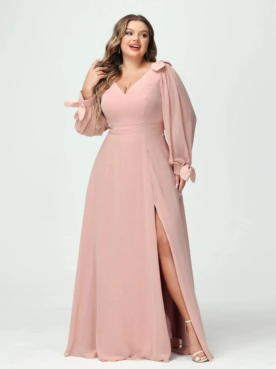 A-Line/Princess V-Neck Long Sleeves Plus Size Bridesmaid Dresses with Pockets & Split Side - Image 5