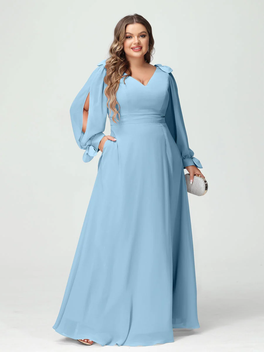 A-Line/Princess V-Neck Long Sleeves Plus Size Bridesmaid Dresses with Pockets & Split Side - Image 50