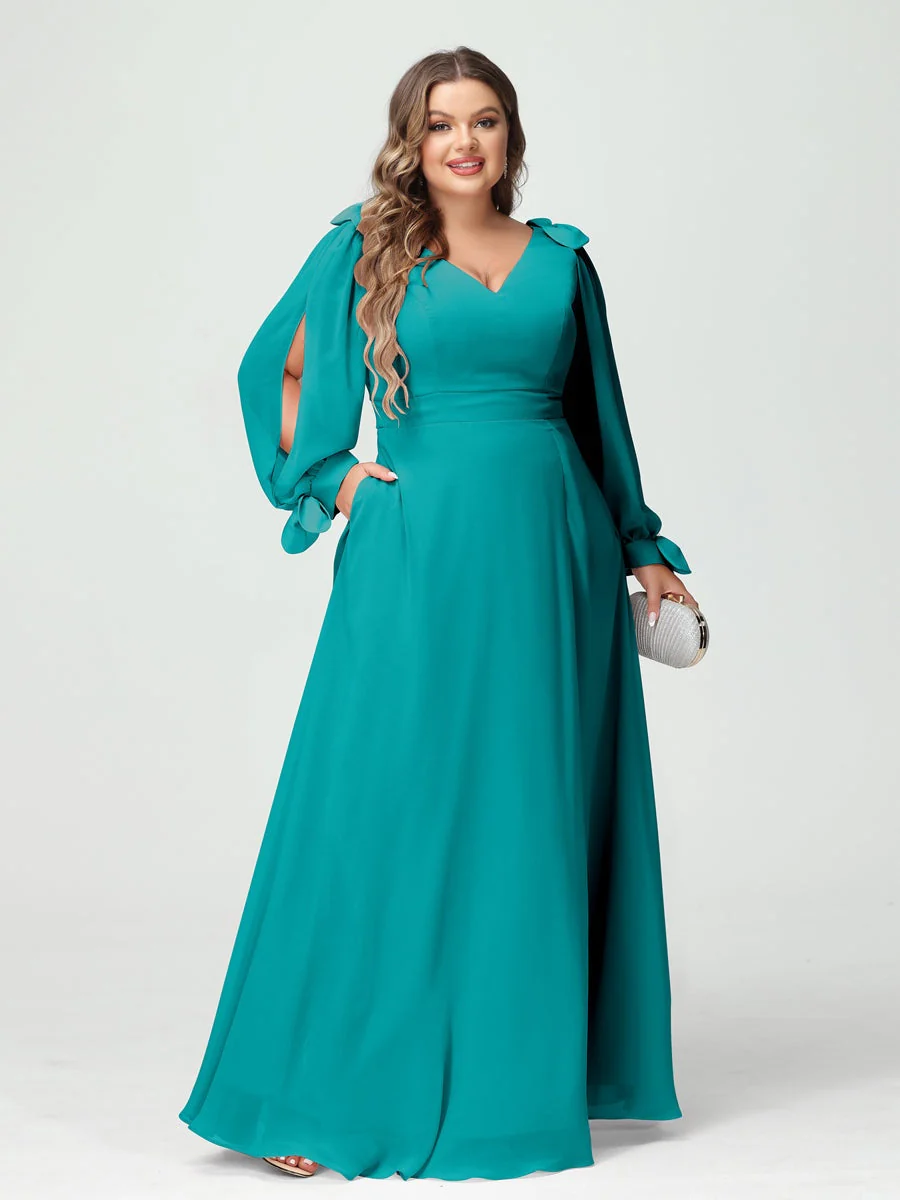 A-Line/Princess V-Neck Long Sleeves Plus Size Bridesmaid Dresses with Pockets & Split Side - Image 52