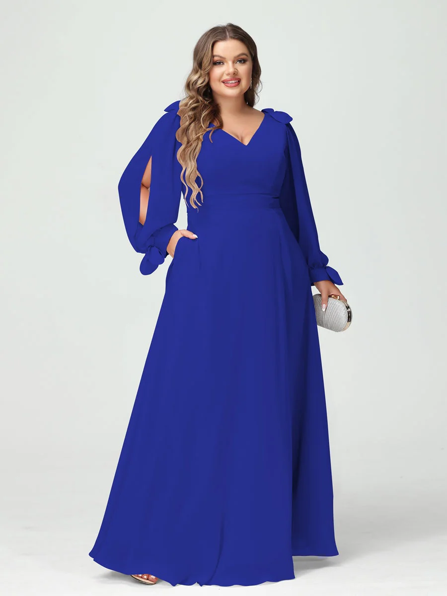 A-Line/Princess V-Neck Long Sleeves Plus Size Bridesmaid Dresses with Pockets & Split Side - Image 55