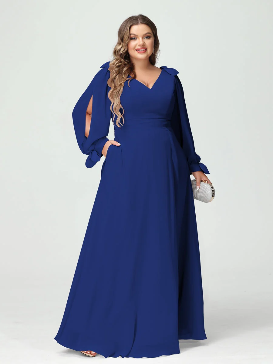 A-Line/Princess V-Neck Long Sleeves Plus Size Bridesmaid Dresses with Pockets & Split Side - Image 56